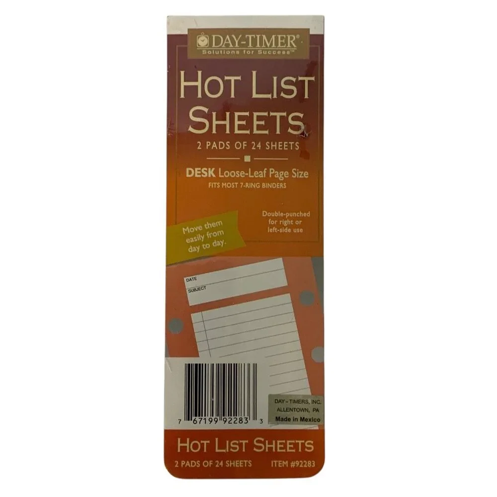 Day-Timer Hot List Sheets Desk Size Loose-Leaf 2 Pads of 24 Sheets Each